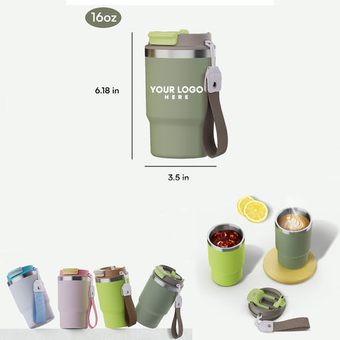16 Oz. Stainless Steel Coffee Tumbler w/Carrying Strap