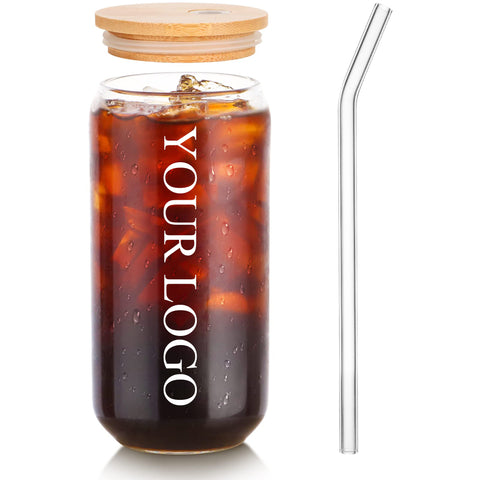 16oz Drinking Glass with Bamboo Lid and Straw