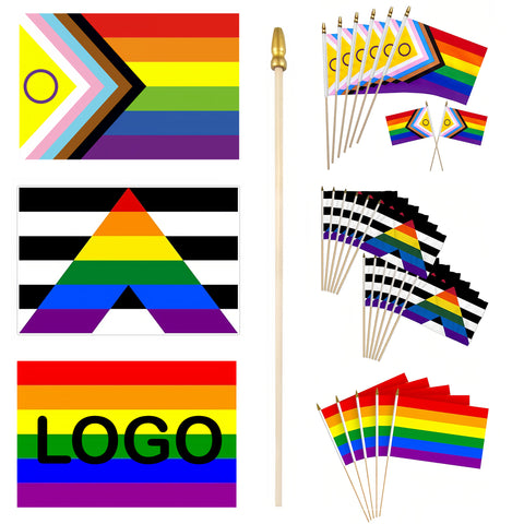 8"X5" Progress Rainbow Handheld Flag with Wooden Pole