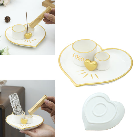 Multi-Functional Ceramic Heart-Shaped Palo Santo And Sage Incense Tray